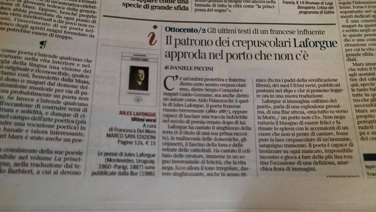 SayaEdizioni's tweet photo. Jules Laforgue - Ultimi versi a cura di Francesca Del Moro sulla Lettura di oggi recensito da Daniele Piccini https://t.co/CXax5OV8aN