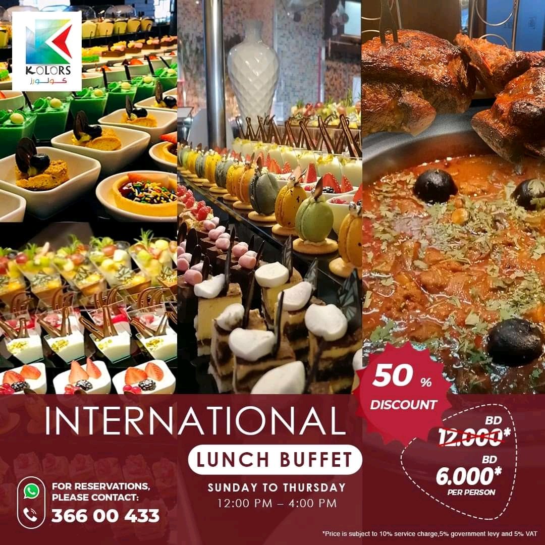 TheKHotel's tweet photo. استرح من ضغوط العمل اليومية واستمتع ببوفيه الغداء العالمي في أجواء مريحة في مطعم كولورز، البوفيه مفتوح من الأحد إلى الخميس من الساعة ١٢,٠٠ ظهرًا حتى الساعة ٤,٠٠ مساءً. للحجز، يرجى التواصل معنا عبر الواتسآب ٣٦٦٠٠٤٣٣
___
#thekhotel #bahrain #juffair #manama #bahrainhotels https://t.co/ktP9Vl3vGv