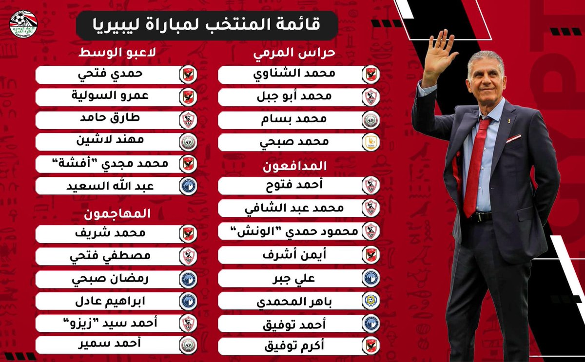 FilGoal's tweet photo. كارلوس كيروش يعلن قائمة منتخب مصر لمباراة ليبيريا الودية 🇪🇬🌟

مهند لاشين وإبراهيم عادل وأحمد سمير ضمن 24 لاعبا أعلن عنهم كارلوس كيروش ⚽️ https://t.co/ASf74WMfaE