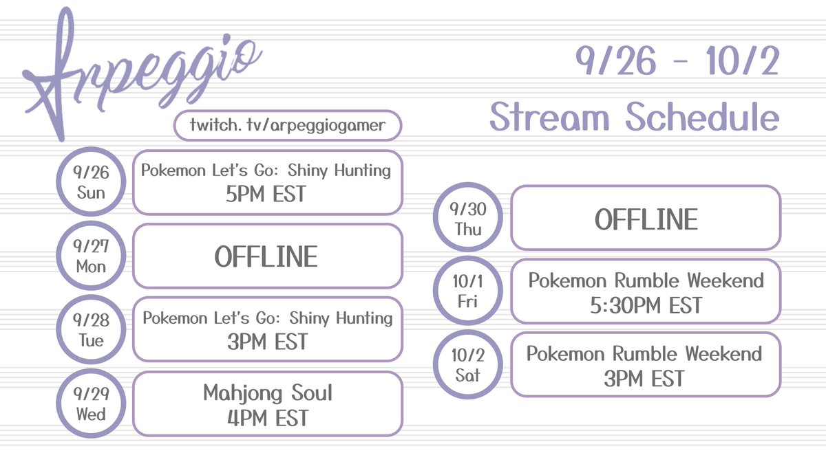 ArpeggioAoto's tweet image. New week, new schedule!

We'll be participating at the tail end of #LetsGoWeek2021 and then we'll be busy with #RumbleWeekend Plus, our weekly chill session of Mahjong! Hope to see you there 🎶