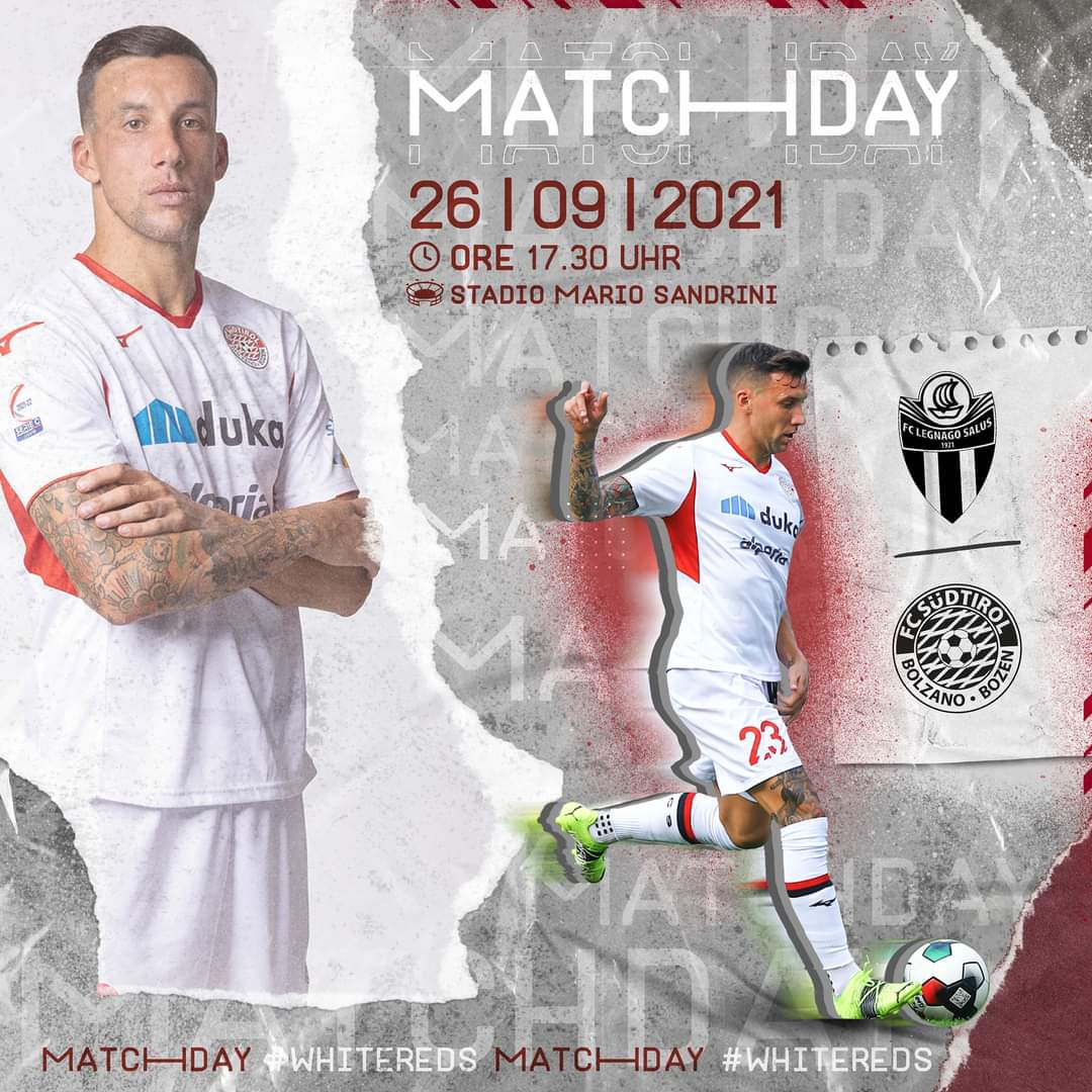 fclubsuedtirol's tweet photo. ⚪MATCHDAY🔴

🆚 @LegnagoSalusFC
🏆 Serie C - @LegaProOfficial 
🗓 Giornata 5️⃣ Spieltag
🏟 Stadio 'Mario Sandrini', Legnago
⌚️ Ore 17.30 Uhr

#FCS #FCSüdtirol #Whitereds #SerieC #passion #LEGFCS #LegnagoSalusFCSüdtirol #PassioneBiancorossa #26settembre https://t.co/dhmbYNK2yg