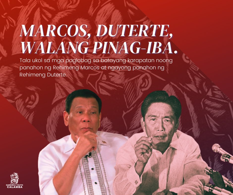 gabyouthcalamba's tweet photo. MARCOS, DUTERTE, WALANG PINAG-IBA! 

Sa pag-alala ng bansa sa karahasang dinanas ng mga mamamayan nito sa rehimeng Marcos, nakikiisa ang Gabriela Youth Calamba sa panawagang #NeverAgainToMarcoses.

#NoToHistoricalRevisionism 
#MarcosTutaDiktador
#MarcosDuterteWalangPinagiba https://t.co/8r9rzJknum