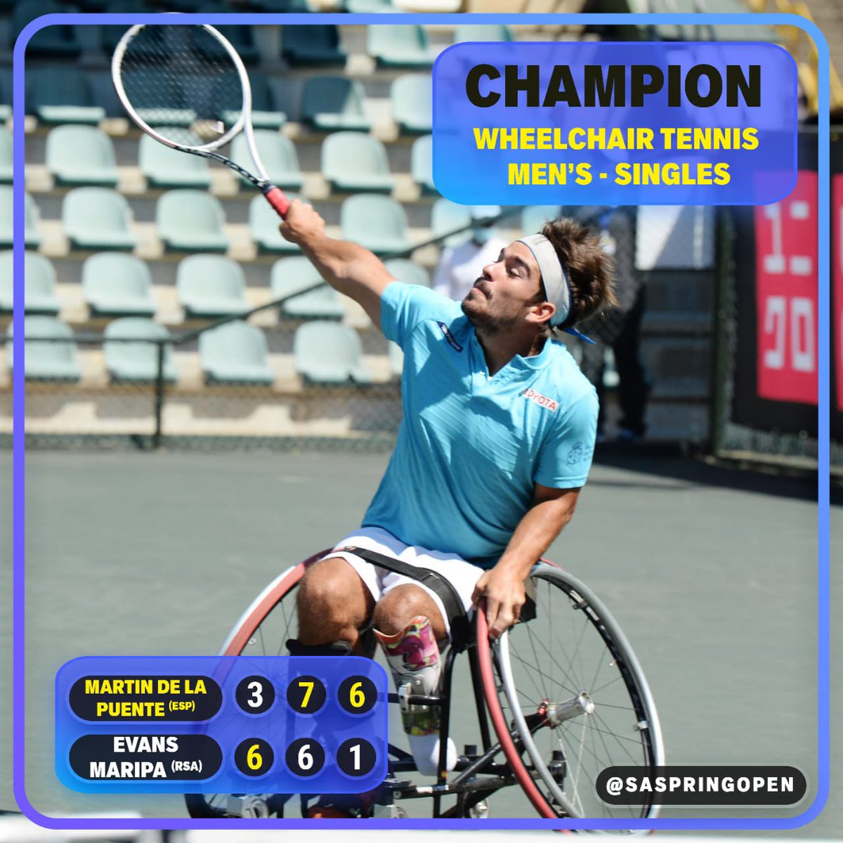 SASpring_Open's tweet photo. Champions Crowned! 👑 SA’s @KgothatsoMontj1 and Martin de la Puente from Spain clinched the 2021 SA Spring Open’s Wheelchair women’s and men’s singles titles on Saturday! 

While Donald Ramphadi also won his Quads final! 🏆 

#SASpringOpen #SASO2021 
#SpringtimeTennis #Tennis4All https://t.co/N6im2U2Nfu