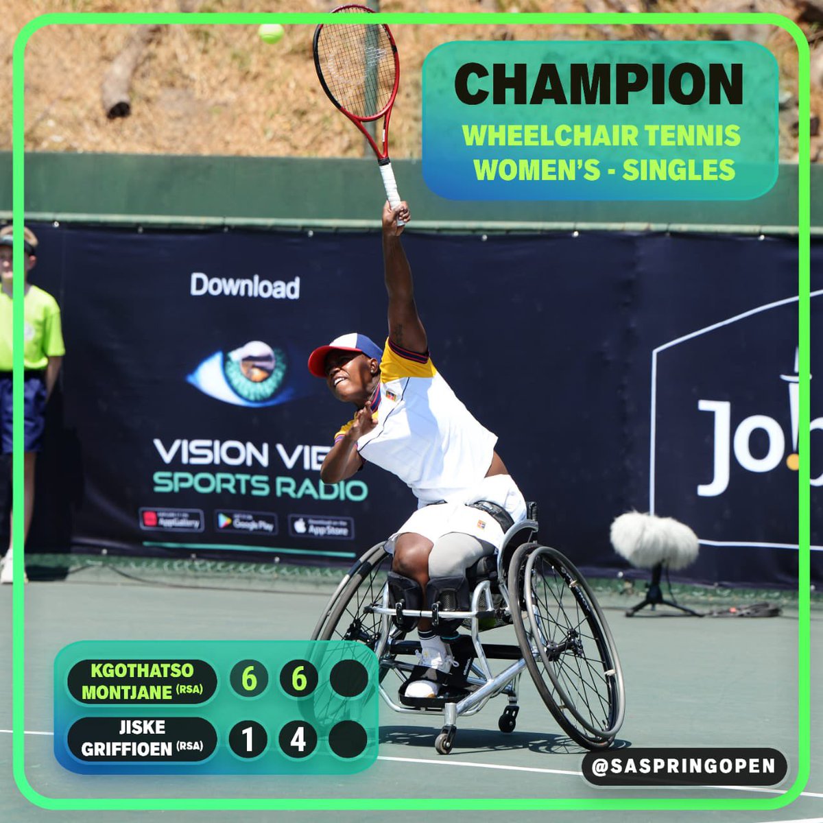 SASpring_Open's tweet photo. Champions Crowned! 👑 SA’s @KgothatsoMontj1 and Martin de la Puente from Spain clinched the 2021 SA Spring Open’s Wheelchair women’s and men’s singles titles on Saturday! 

While Donald Ramphadi also won his Quads final! 🏆 

#SASpringOpen #SASO2021 
#SpringtimeTennis #Tennis4All https://t.co/N6im2U2Nfu