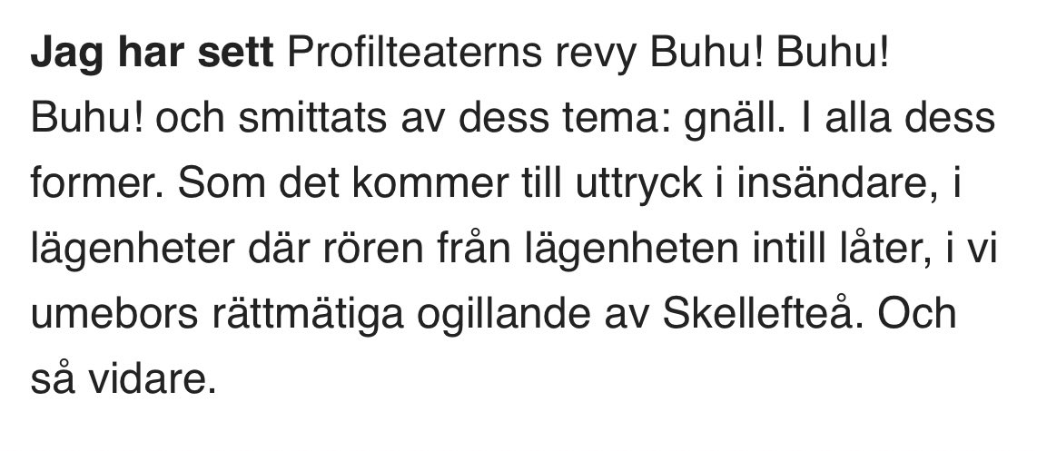 antonsalll's tweet photo. stackars Skellefteå kan inte ens slippa hånen från Umeå i teaterrecensioner smh https://t.co/vlaA7vuDxp