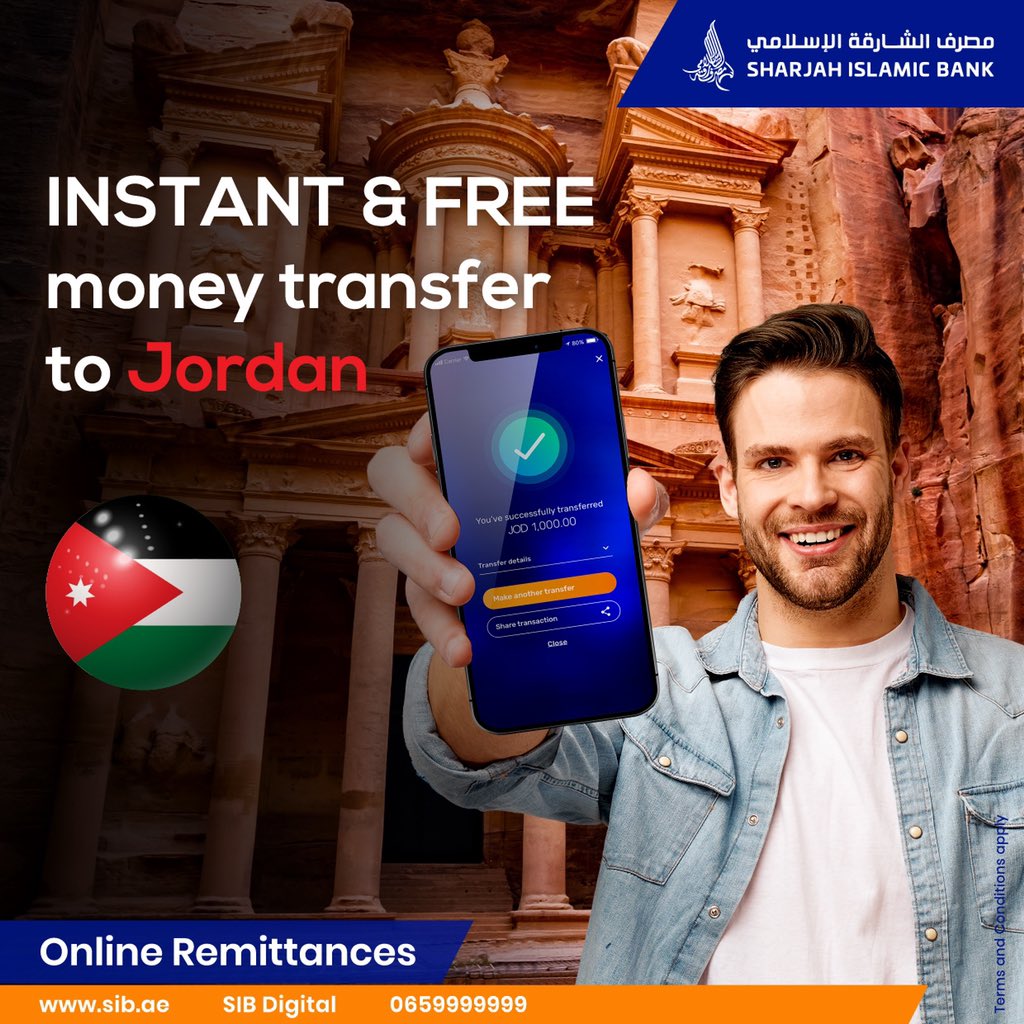 Centro comercial Cambiarse de ropa Broma Sharjah Islamic Bank on Twitter: "INSTANT and FREE Remit to #JORDAN with  exclusive exchange rates only on Online &amp; #SIBDigital App. Register now  and transfer from your Account or Card. https://t.co/xrsvNaiKTD  https://t.co/RLXuaeuYzH" /