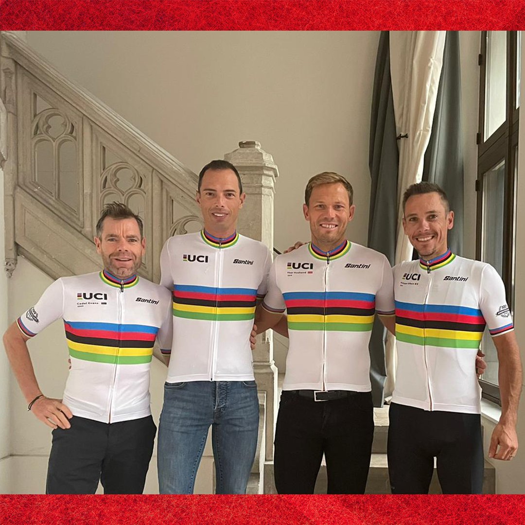 PhilippeGilbert's tweet photo. Happy to be here in Leuven for @flanders2021 together with my former team mates of BMC Racing Team. The common point is that we’ve all been World Champion. Great to see you guys. 🤜🤛🌈
#flanders2021 https://t.co/0kiNiC326I