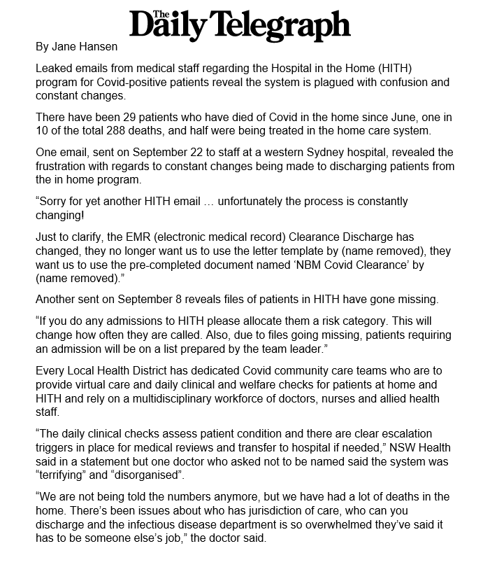BigBadDenis's tweet photo. COVID NSW : Leaked emails show holes in hospital at home system
๐น29 patients have died of COVID at home since June
#COVID19nsw @NSWCHO @BradHazzard @GladysB
Source: https://t.co/FYd4KFp95e https://t.co/m5vkJcd9nl