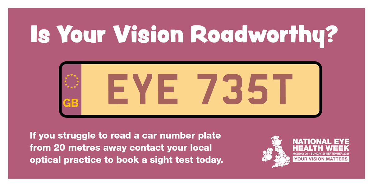 myvisionmatters's tweet photo. Is your vision fit for driving? Make sure your eyesight’s roadworthy by taking the 20 metre #NumberPlateTest. It’s an easy, everyday check. For information on the legal eyesight standards for driving visit https://t.co/kNFnktRTQe. #EyeWeek #VisionMatters https://t.co/ROR3A4rMJz