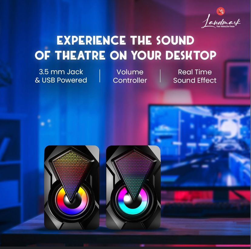 LandmarkMuzik's tweet image. Don&apos;t let the music stop with the effortless connectivity, amazing bass and in-built volume control. 

#LandmarkMusic #LandmarkMuzikAccessories #mymusicmylandmark #ComputerSpeaker #Bluetooth #MultipleConnectivity #Aux #GamingSpeakers #LEDLight #Computerspeakers #DivineSpeakers