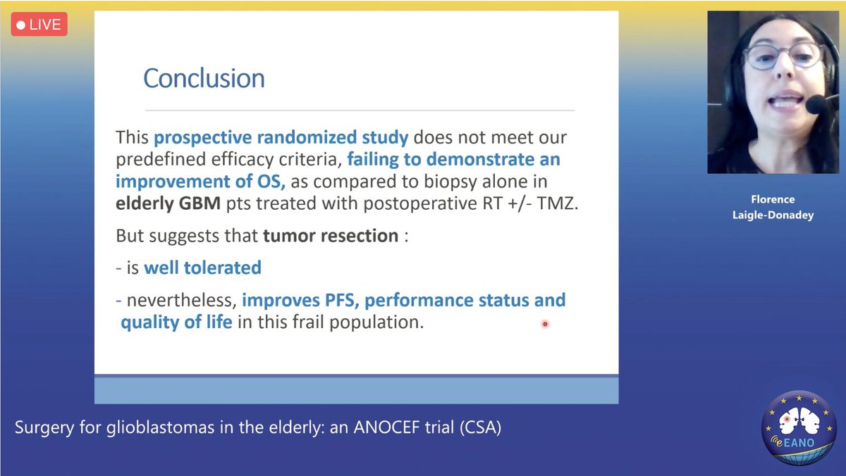 EANOassociation's tweet photo. F. Laigle-Donadey from @HopPitieSalpe presents award winning data on #glioblastoma treatment in elderly patients at #EANO2021. #ANOCEF #btsm https://t.co/0ElseRUqc9