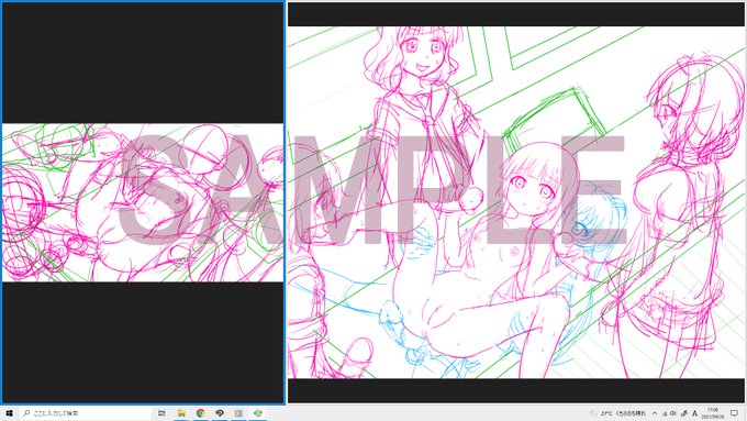 skeb進捗1:構図、ラフまで進んでます。キャラの位置とサイズ、画面のバランスを整えて下描きに入ります。全員の表情が分かるようにということで最初はワイプを考えたのですが、文字入れ等を考えるとキャンバスサイズを広げたほうがいいかな～と思ったのでそうしてます。 