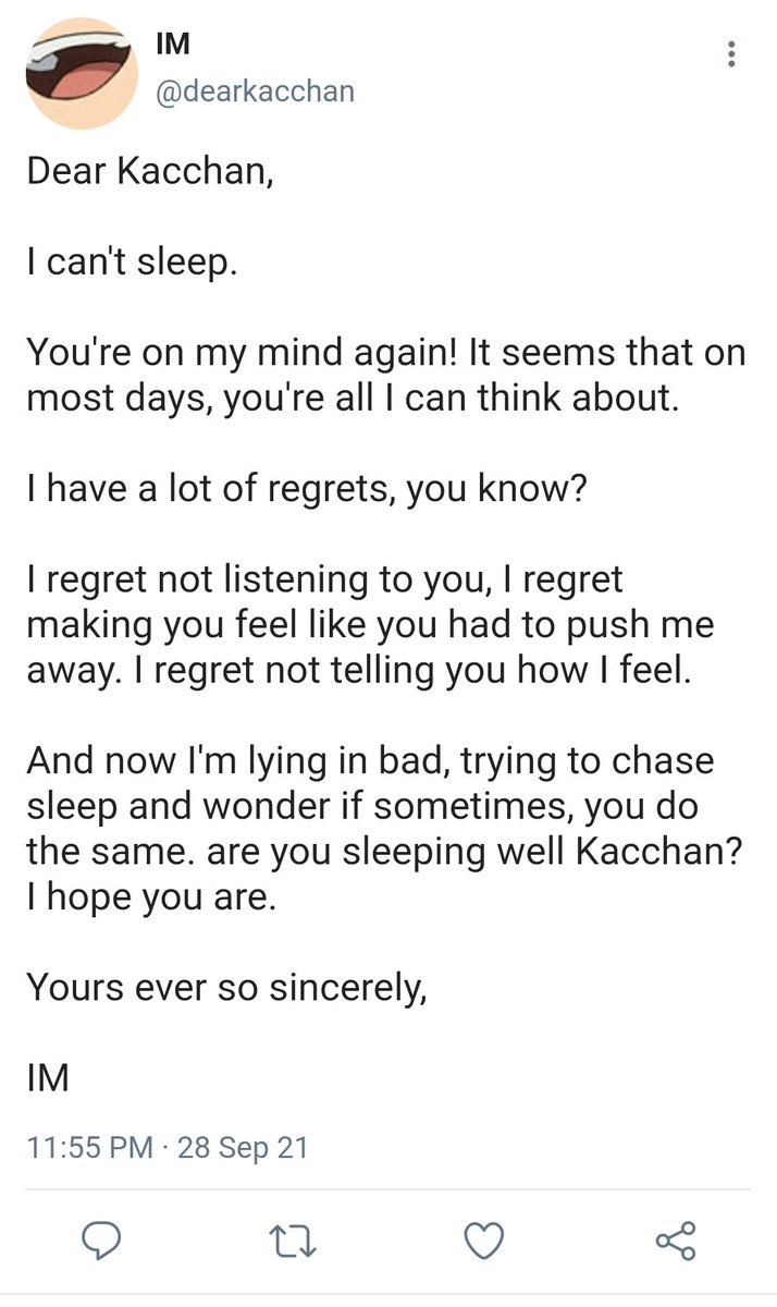 sighs. He needs to sleep. He has to sleep. But sleep just won& #39;t come. All he can think about is Katsuki. That& #39;s nothing new, but he just wants to sleep. He turns on his phone once more. Maybe if he writes out his feelings then he can sleep?