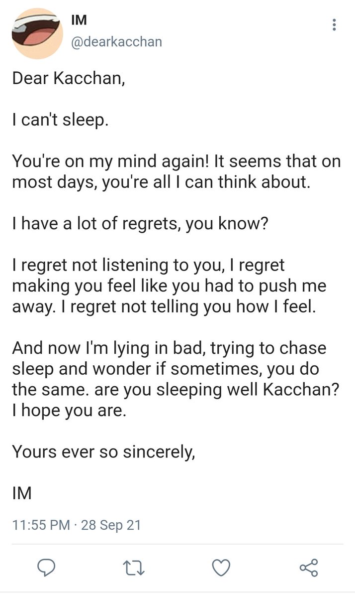 sighs. He needs to sleep. He has to sleep. But sleep just won't come. All he can think about is Katsuki. That's nothing new, but he just wants to sleep. He turns on his phone once more. Maybe if he writes out his feelings then he can sleep?