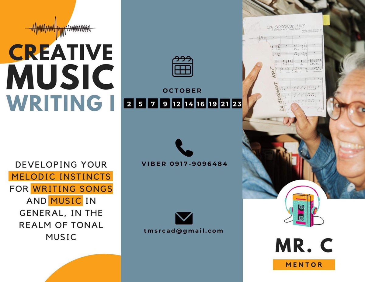TMSRC's tweet photo. Classes start on SATURDAY, October 2! 🎶🎵🎶

Develop your melodic instincts for writing songs and music in general, in the realm of tonal music with Mr. C!

For inquiries, please send an email to tmsrcad@gmail.com or message us in Viber at 09179096484. https://t.co/irG6cbYaBe