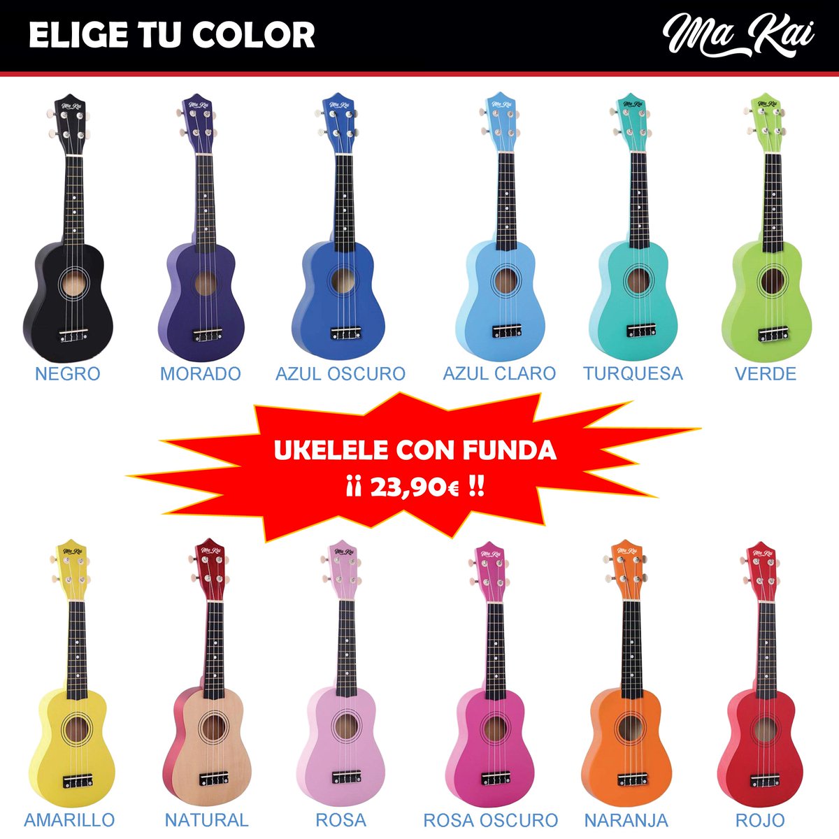 Ukelele Ma Kai con funda incluida por sólo ¡23,90 euros! Sólo tienes que decirnos qué color quieres.
#ukelele #ukulele #ukelelesoprano #ukeleleeconomico #ukeleleconfunda