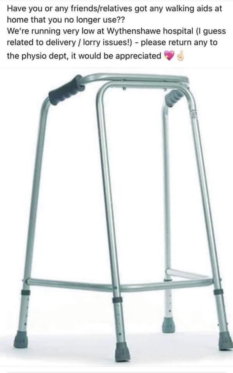 southmcr_rehab's tweet photo. Wythenshawe hospital are running low on walking aids. If you could please return any unused items to the physio department they would be very grateful 🙏🏻 #walkingaids #wythenshawehospital https://t.co/3QAfJsz9Dt