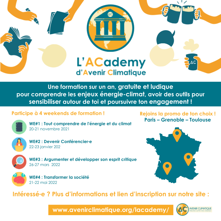 [#ACademy20212022] Les inscriptions sont ouvertes !

🌏Participe à cette formation gratuite et ludique, afin de tout comprendre des enjeux énergie-climat et devenir un·e acteur·rice du changement !