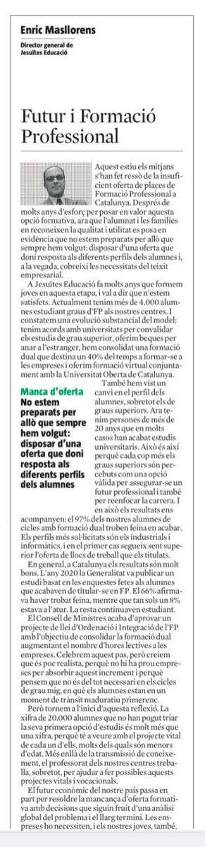 MasllorensEnric's tweet photo. Avui a @LaVanguardia 
FP de qualitat per un futur millor. Acompanyem els alumnes per construir el seu projecte vital. @JesuitesEdu @jesuitesFP @educsi @FPJEUOC https://t.co/nuxEjxsqoP
