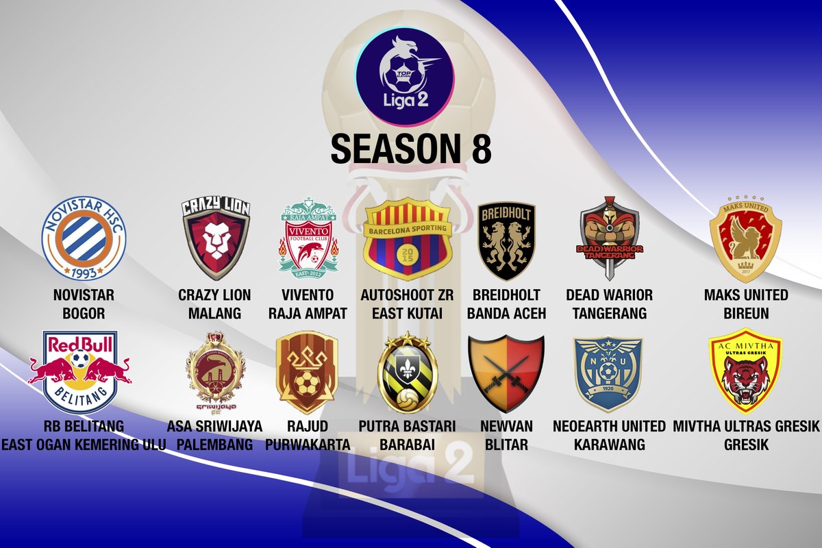 LTEILeague2's tweet photo. RESMI

Inilah peserta yang akan berkompetisi di LIGA 2 Musim 8.

3 tim teratas akan promosi ke @LigaTopEleven, &amp; 3 tim terbawah akan degradasi ke @Liga3TEI.

Link logo tim bisa diakses disini:
https://t.co/ZRwyw3z4pW

#LIGA2TEI #LigaTopEleven https://t.co/gJjDLqdNTu