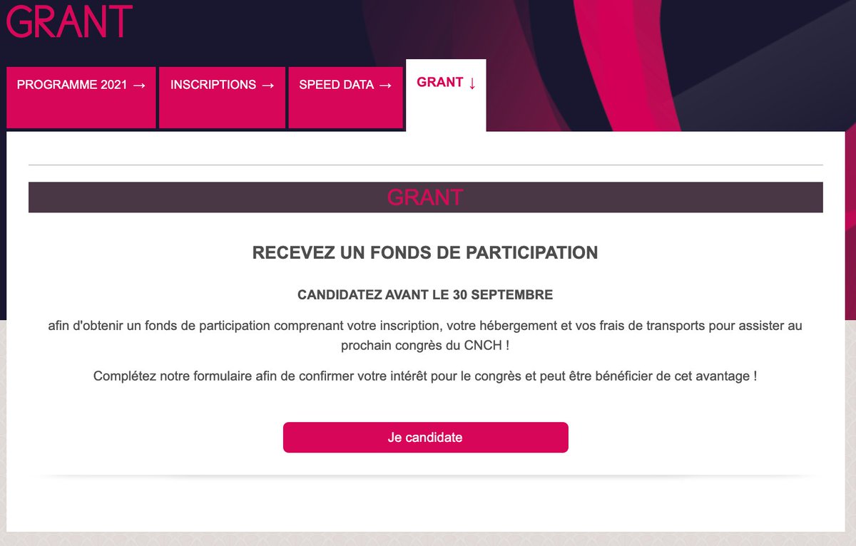CNCHcollege's tweet photo. VITE! PARTICIPATION GRATUITE! 

Postulez pour un grant (hotel + frais inscription + transport GRATUIT) au 27ème Congrès du CNCH 25-26/11/2021

Pour les praticiens hospitaliers, internes et paramédicaux (France, Maghreb, Belgique, Suisse, Canada).

🎯https://t.co/EbSqYrNzXH https://t.co/E0fnpswKDe