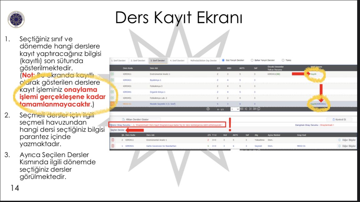 ‼️📣 Dikkat 📣‼️

Dersin yanında “Kayıtlı” yazması derse kayıt olduğunuz anlamına gelmez.

Kayıt işlemini tamamlamak için “Kesinleştir/Onayla” işlemini yapmanız gerekmektedir.