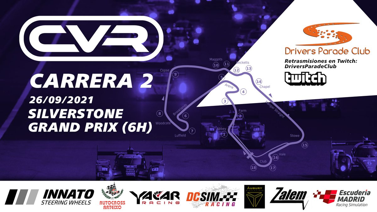 DXDroids_Team's tweet photo. Cita hoy de #dxdroids🤖 a las 16 h en #Silverstone ➡ segunda carrera CVR de @DriversparadeCb
🗣 Pilotos @borja07 @Spaikh
📺 https://t.co/8UrHuRab1p
#ImSim @Digalix_eSports @DigaliX
#iracing #simracing #eSports #cvr https://t.co/czHuZ7lfzT