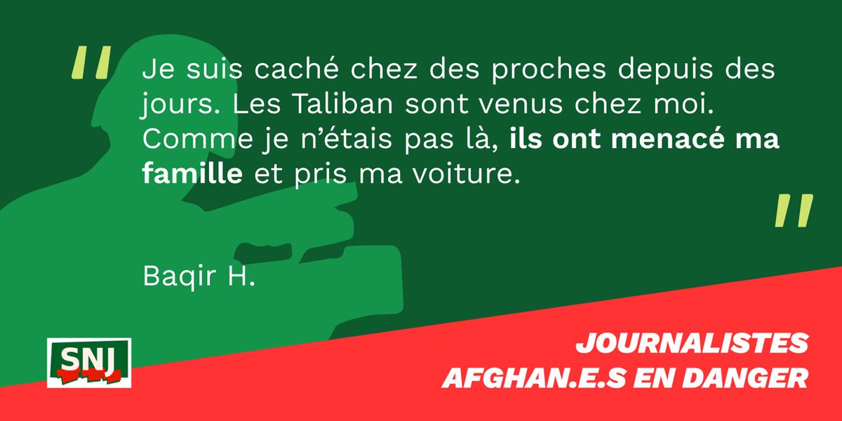 SNJ_national's tweet photo. #Jour14 
.@SNJ_national accompagne des centaines de journalistes afghans bloqués en Afghanistan. Ils sont en danger. Nous réclamons leur évacuation urgente @francediplo @JY_LeDrian @EmmanuelMacron 
#AfghanJournalists 
Nous publions leurs témoignages ⬇️ https://t.co/VECYLgbVTX