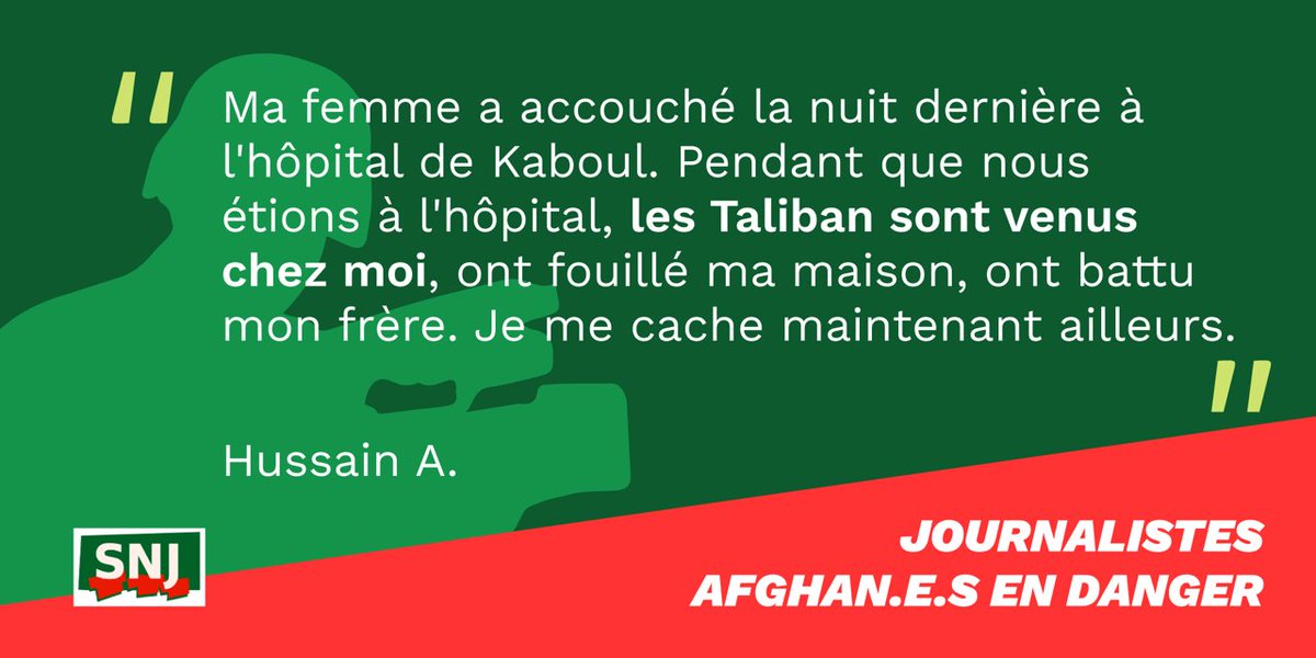 SNJ_national's tweet photo. #Jour14 
.@SNJ_national accompagne des centaines de journalistes afghans bloqués en Afghanistan. Ils sont en danger. Nous réclamons leur évacuation urgente @francediplo @JY_LeDrian @EmmanuelMacron 
#AfghanJournalists 
Nous publions leurs témoignages ⬇️ https://t.co/VECYLgbVTX