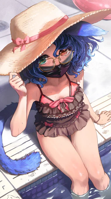 オッドアイとマスクが特徴的な青い猫の女の子、skebからリクエストいただきました🐾 Thank you!! 