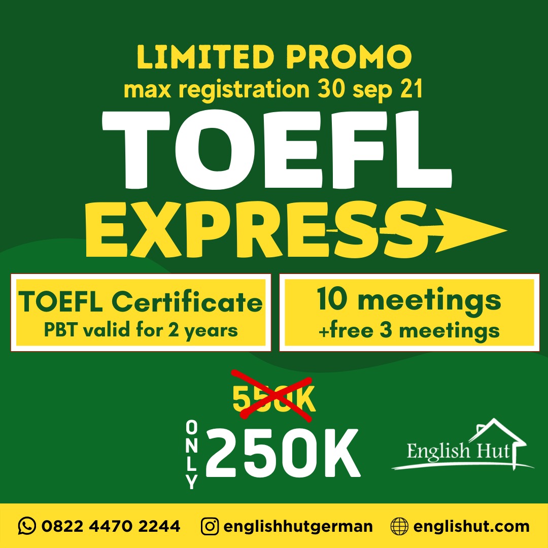 Bulan Oktober Bulan Bahasa.
Cek Promo super muuuwwrah pol dari English Hut buat bljr #TOEFL 
kelas mulai 4 okt, pendaft max 30 sep.
250ecu ae rek gae 13x meeting <a href="/90/">90</a> menit.

🏘 jl. dempo 10
📱 linktr.ee/englishhut

<a href="/infomalang/">Info Malang</a> maturnuwun 🙏
#pasarmingguinfomalang