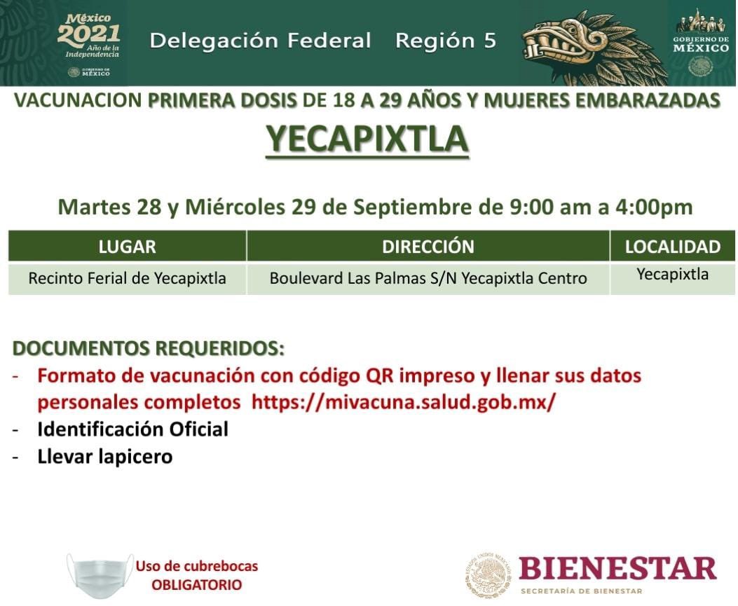 YecapixtlaMor's tweet photo. Aplicación de la primera dosis de la vacuna Pfizer, contra la COVID-19, para personas de 18 a 29 años de Yecapixtla.

Para agilizar tu vacunación es muy importante que te registres e imprimas tu comprobante, el cual, podrás obtener en:

https://t.co/2vKlfU0SLt https://t.co/dT4tGtxWjl