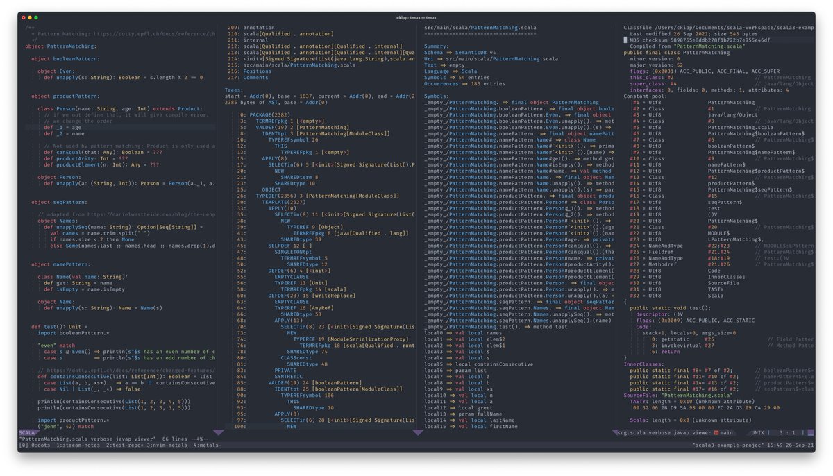 So many ways to view that code in Metals...

- Scala 3 Code
- TASTy
- SemanticDB (compact, detailed, or proto)
- Decompiled class files (verbose or regular)