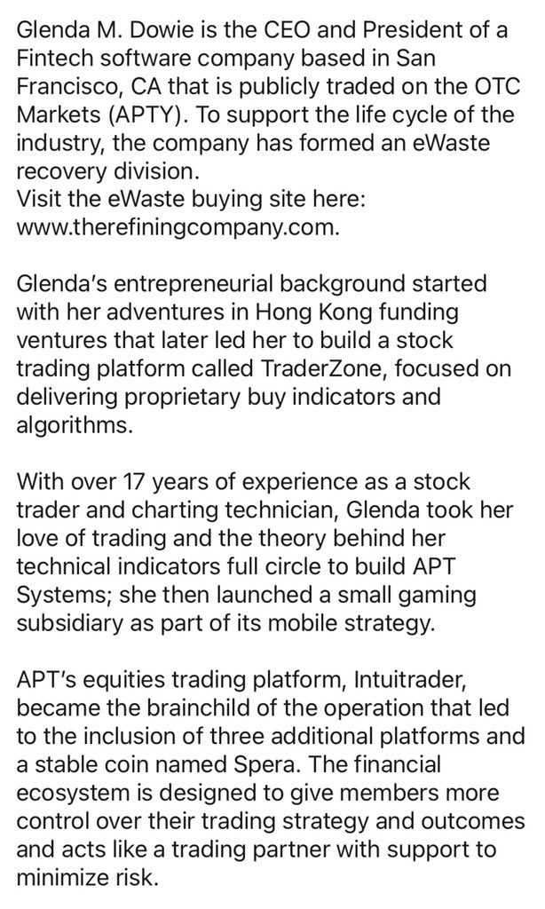 OTC_Banger's tweet photo. $APTY @APTYsys KNOW YOUR CEO!! Glenda Dowie’s record speaks for itself. She holds 72M common shares and wants to see steady growth of this company. #SPERA #NoPumpNeeded #StableCoin #WinningCEO
https://t.co/dbSNfPLhAU
https://t.co/jQ10pKZn39
https://t.co/C7d4dfzv3C https://t.co/Is88rEKHTN