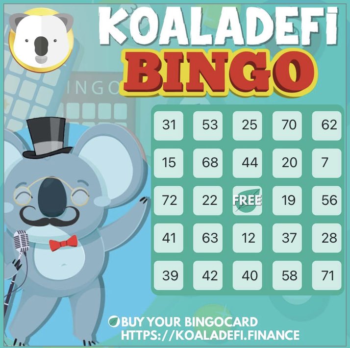 D3rOlaf's tweet photo. Wanna play BINGO!?Generate your card here: https://t.co/Qw1onFxKCt
Post it on Twitter with: @KoalaDefi #KoalaBingo @BabyBananaToken 

Join the Bingo channel: https://t.co/jGOhhBuzI1
And watch the bingo live at: https://t.co/4j8TljwX28 https://t.co/RHCS8xeZID