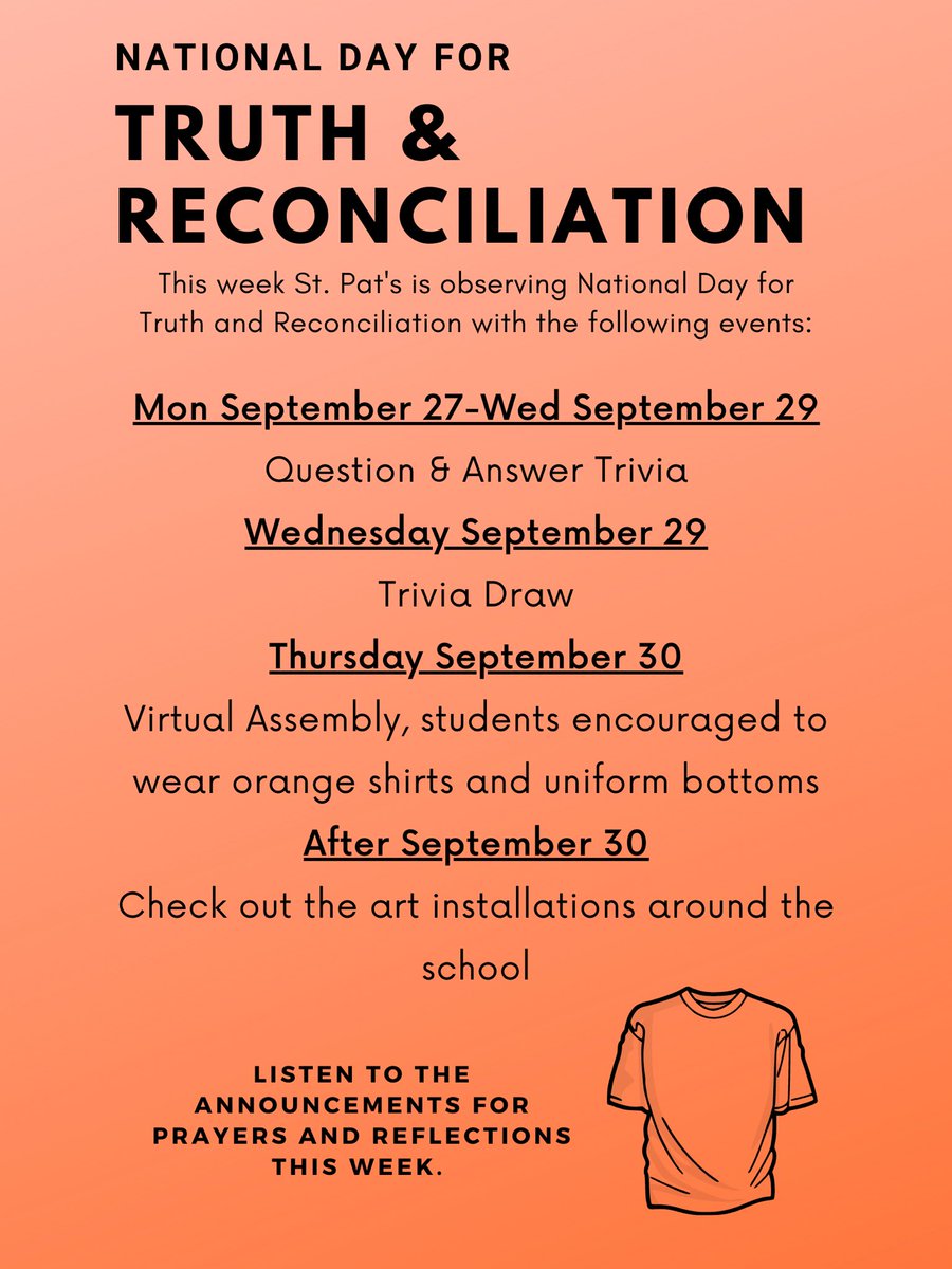 We will be observing the National Day for Truth and Reconciliation with several events all week at the school. We grieve the innocent lives of Indigenous children lost and commit ourselves to a more inclusive future where #EveryChildMatters @SOArea6_TCDSB <a href="/Equity_TCDSB/">TCDSB Indigenous Ed, Equity & Community Relations</a>