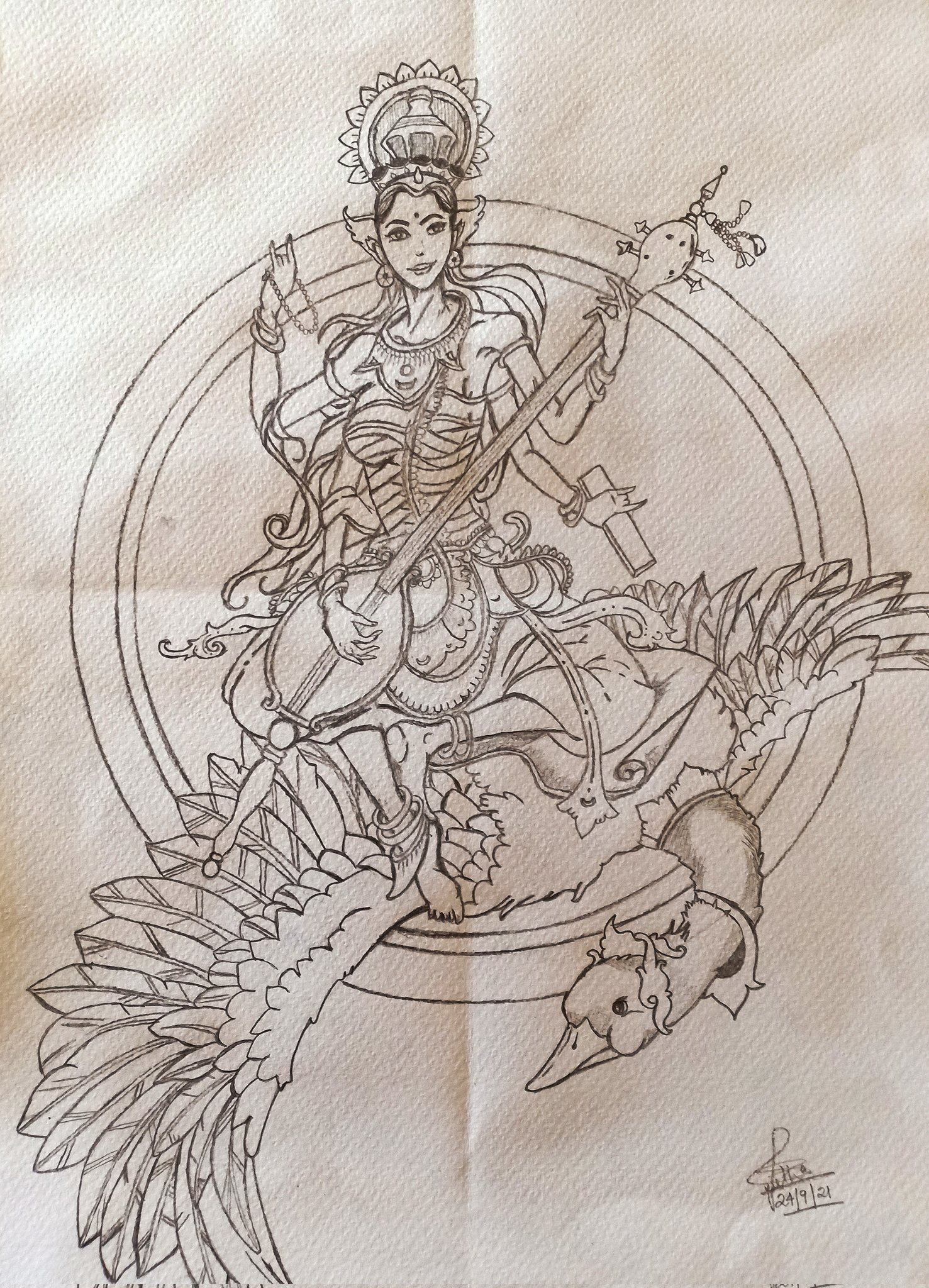 Pencil Sketch Of Goddess Sarasvati - Desi Painters