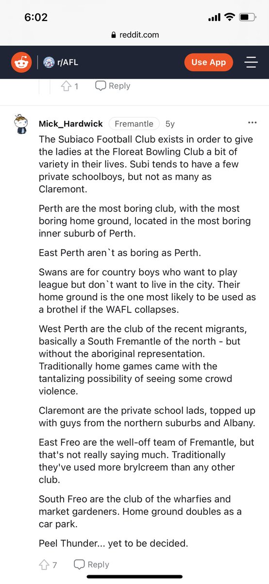 sacks_ben's tweet photo. @DrDreHistorian From the wisdom of Reddit… otherwise you could always read Tony Barker’s history of football in WA and select a team based on which one has the most captivating origin story! https://t.co/1OwcsGkZvA