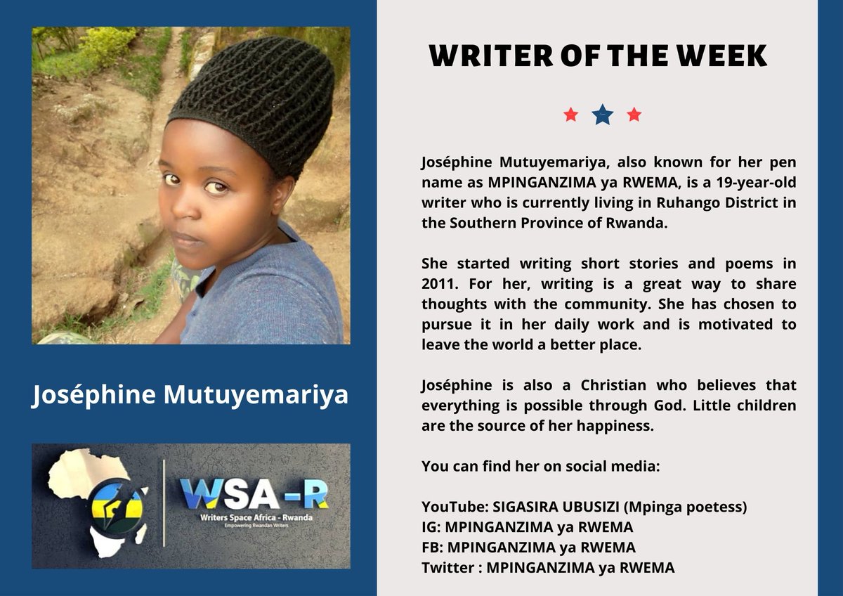 wsa_rwanda's tweet photo. We are thrilled to announce @Josphin32747918  as our #Writer of the #week 😍

She lives in @RuhangoDistrict and writes #shortstories and #poetry 

Congratulations to her😍🌼 https://t.co/vuQ1wWsCEN