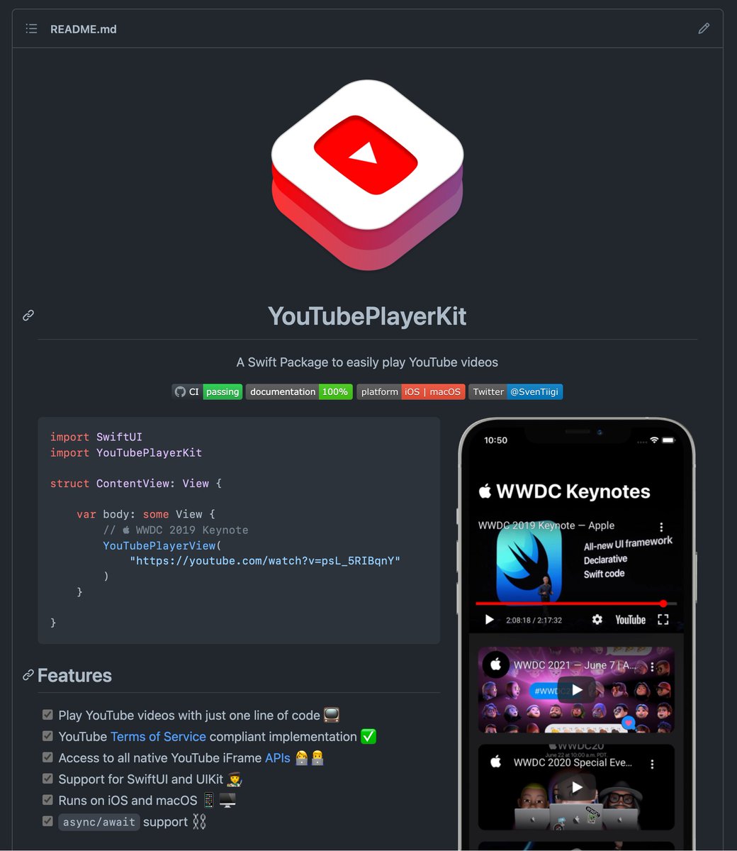 Released YouTubePlayerKit on GitHub 🙌
A Swift Package to easily play YouTube videos 📺

github.com/SvenTiigi/YouT…

#swiftlang #SwiftUI #SwiftNews #iosdev #github #Opensource