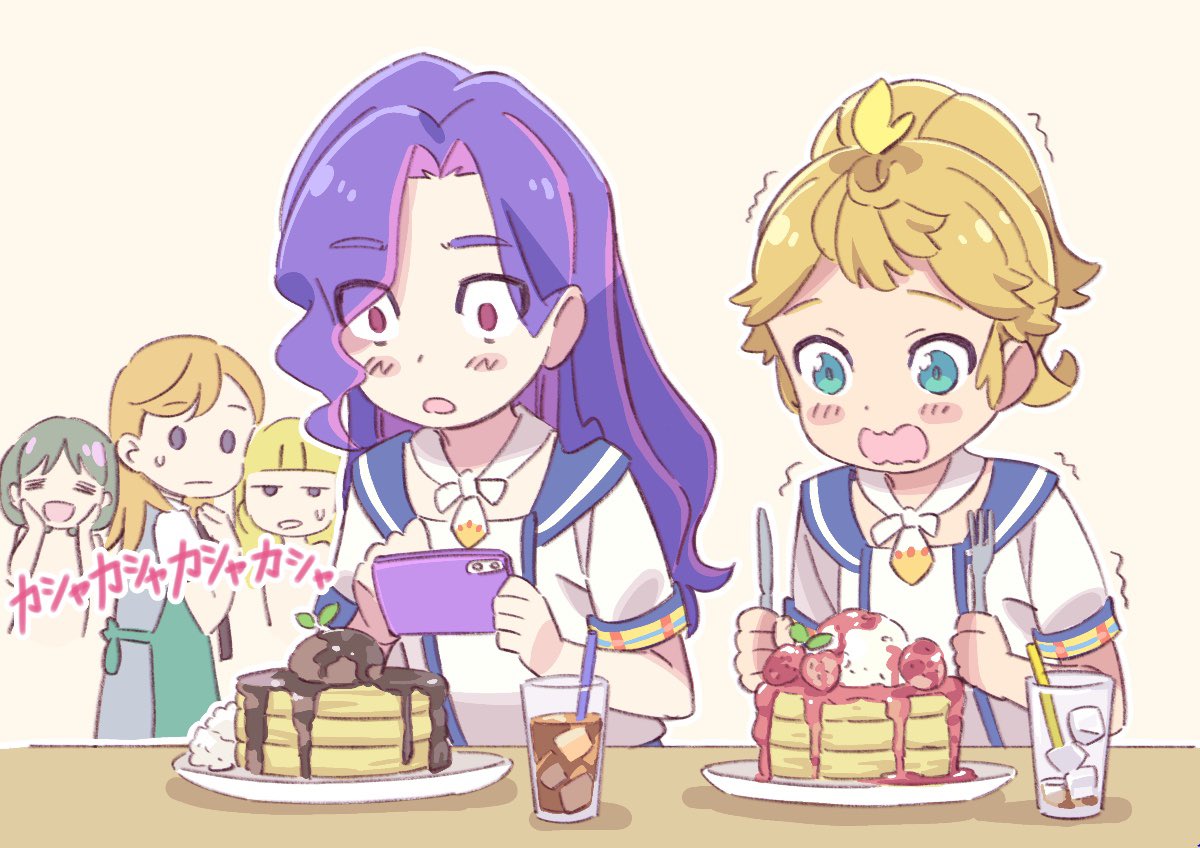 multiple girls blonde hair pancake purple hair food phone long hair  illustration images