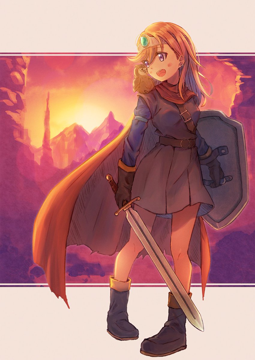 1girl weapon sword shield cape gloves solo  illustration images