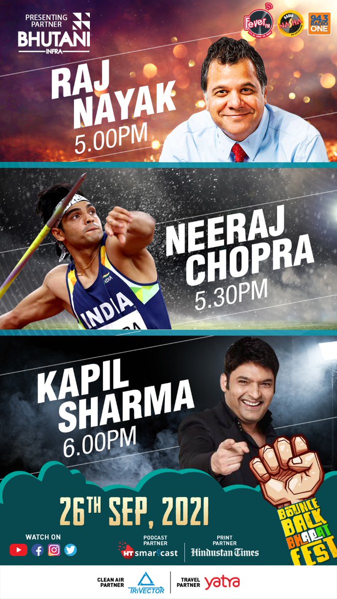 FeverFMOfficial's tweet photo. Bounce Back Bharat Fest ka Super Sunday is all set with Spectacular Stars, Catch them all live #BounceBackFever #AkshayKumar 
@rajcheerfull 
@Neeraj_chopra1 
@KapilSharmaK9 
@pratikg80 
@MirzaSania 
@1kunalbahl 
@Bhuvan_Bam 
@akshaykumar https://t.co/eUdPs0QHia