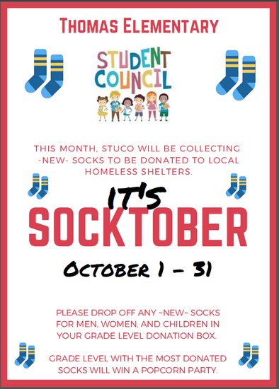1stGradeThomas's tweet photo. It’s Socktober! Our Student Council will be collecting new pairs of socks to donate to homeless shelters. See attached flyer for more details. #spreadkindness https://t.co/tKIY4DrqL9