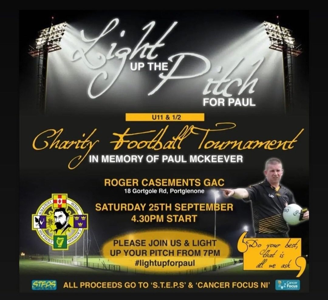AnMhaigh's tweet photo. Last night, An Mhaigh Tír na nÓg GAC was honoured to join with @casementsgac in the #lightupforpaul initiative in memory of the late Paul McKeever and to raise awareness of cancer. Our thoughts and prayers are with all of those suffering from cancer and their loved ones. 🔵⚪️ https://t.co/fSgMi5aVhS