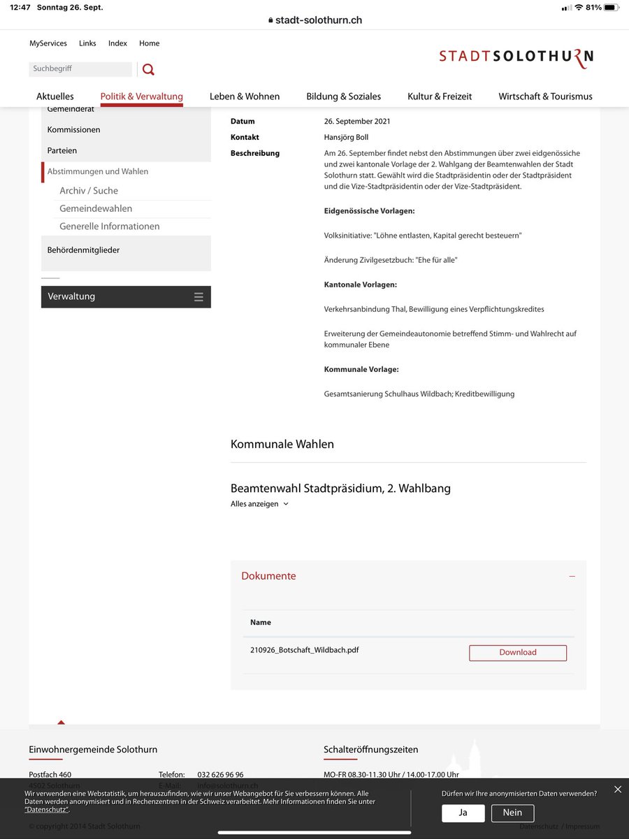 Die #Solothurner Stadtverwaltung geht heute von einem „Wahlbang“ aus 🧐