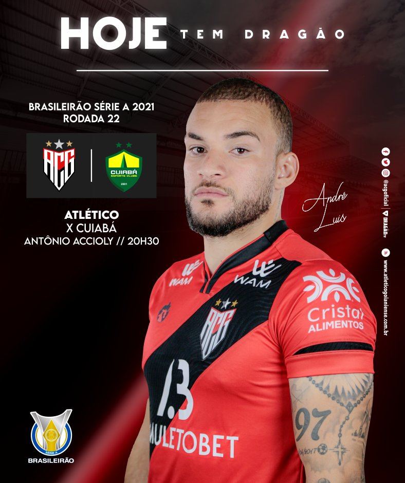 HOJE TEM ATLÉTICO GOIANIENSE! VAMOS, DRAGÃO! 🇹🇹🔥⚽
⠀
⚽ Atlético Goianiense x Cuiabá
🏆 <a href="/Brasileirao/">Brasileirão Betano</a> Série A
⌚ 20h30
🏟 Estádio Antônio Accioly
📺 <a href="/canalpremiere/">Premiere</a>
⠀
#ACGxCUI #Dragão