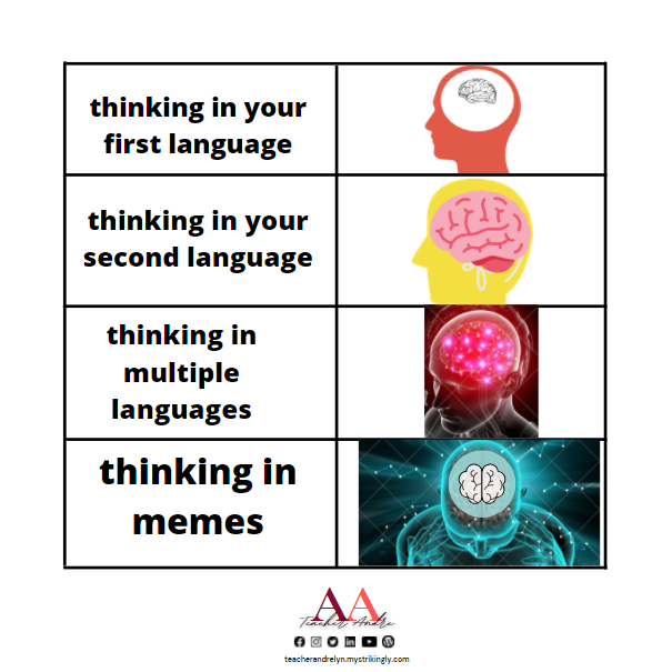 teacherandrelyn's tweet photo. Memes contribute to language development and, at the same time, they are replicated and transmitted through language. 

Memes and language are closely related to each other.

✔️Book an Appointment now! Link to Calendy:https://t.co/UoAIYGrPW2

#learnwithteacherandre #eslteacherph https://t.co/jX7m3zQ0b8