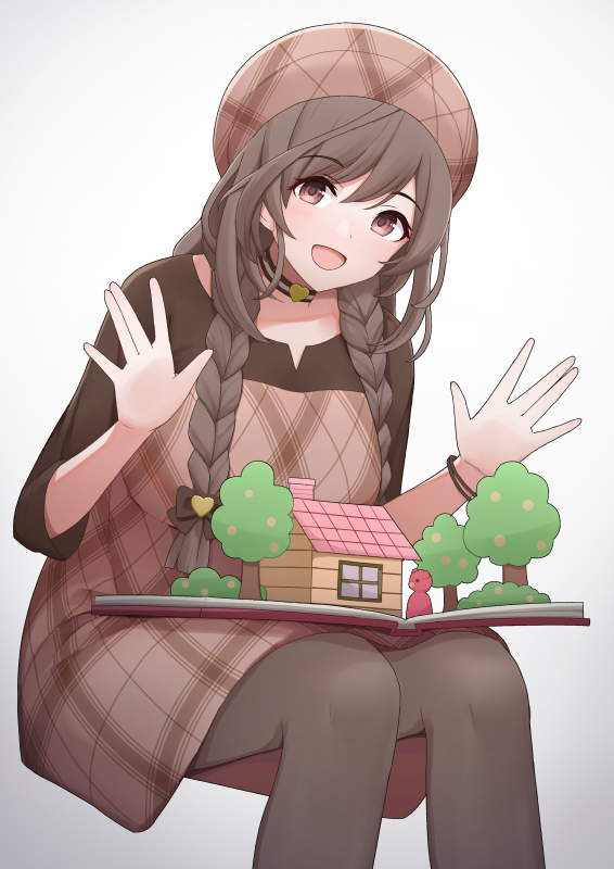 1girl braid twin braids brown hair solo pantyhose hat  illustration images