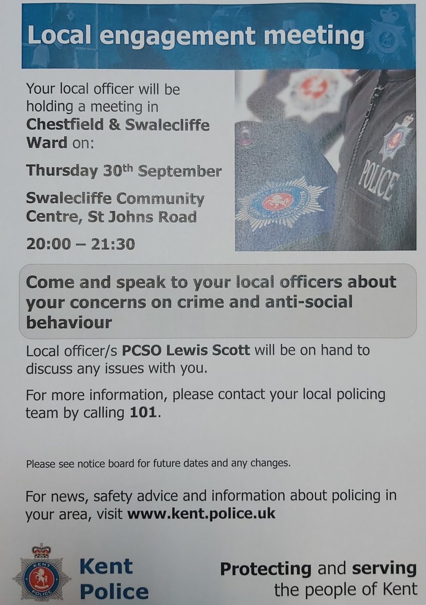 The local #PCSO for Chestfield and Swalecliffe Ward will be at the Swalecliffe Community Centre, St Johns Road on Thursday 30th September between 20:00 and 21:30. Local residents are welcome to come and have a chat and raise any community issues they have #CommunityEngagement. JR